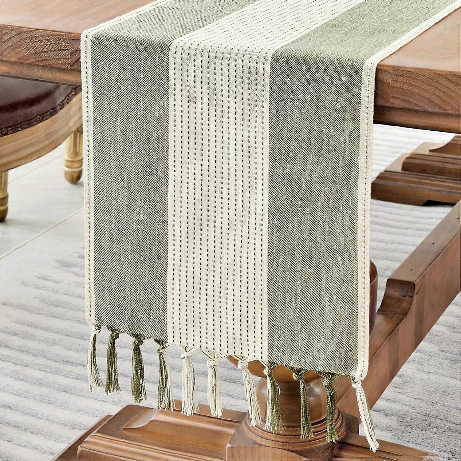 120cm Long Cotton Linen Macrame Table Runner with Handmade Tassels Table Runner for Cafe, Farmhouse Style for Parties and Everyday Use (Sage Green, 12