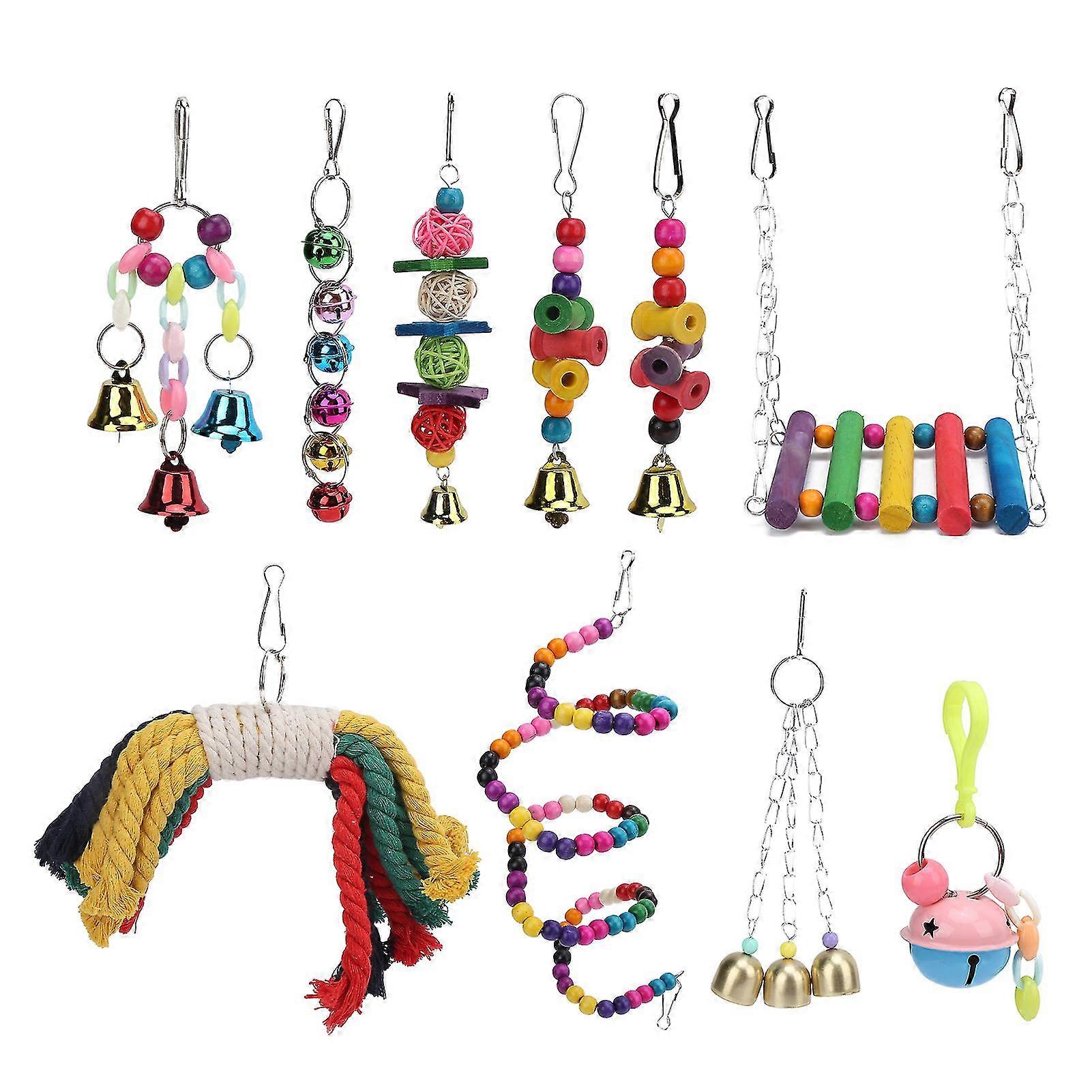Wooden Birds Swing Toy Set with Hanging Chewing Perch, Bells, and Beads