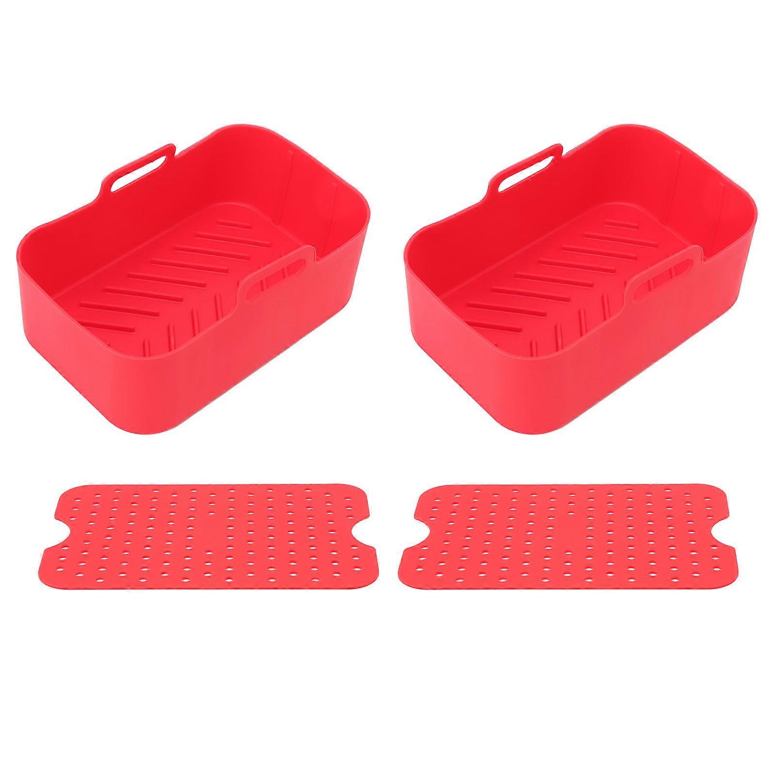2 Sets Kitchen Fryer Silicone Basket and Mat Reusable Non Stick Rectangular Air Oven Accessories for Ninja DZ201 Foodi 8QT Red