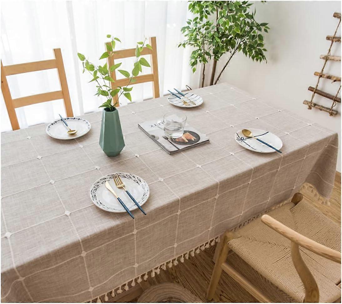 테이블보 (55" x 70") 스티치 자수 태슬 린넨 테이블보 (브라운 B)