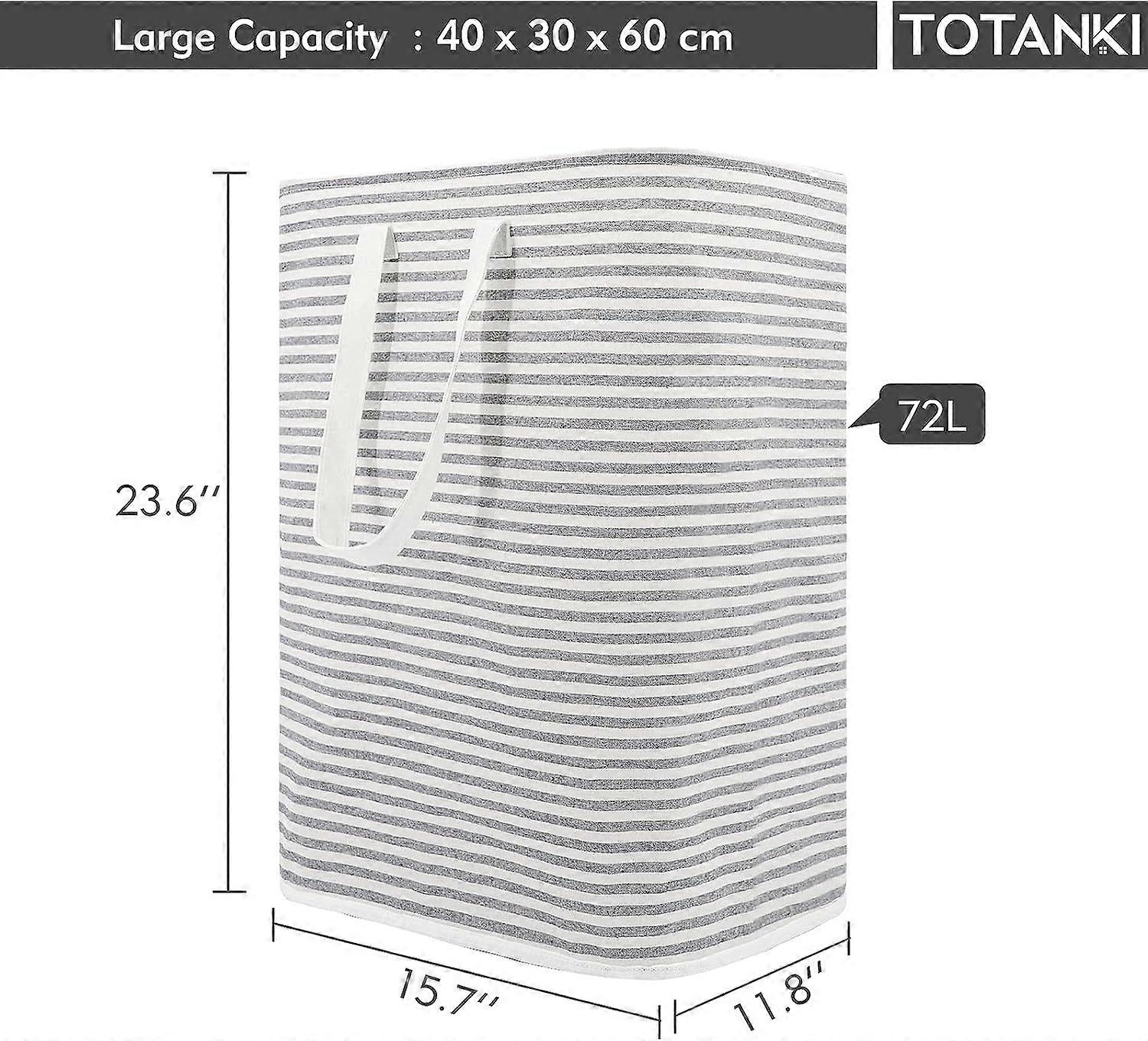 Freestanding Large Laundry Basket - Collapsible Hamper Grey Stripe (72L)