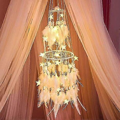 Double Circle Dreamcatcher White Feathers Dream Catcher With Mobile Led String Lights Ornaments Wall Decor