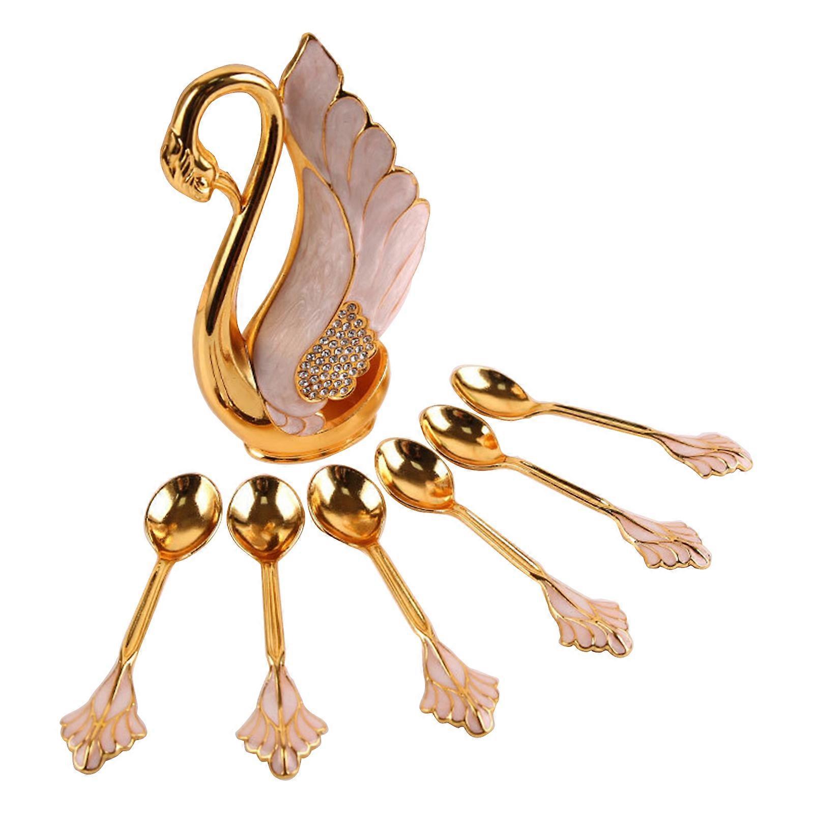 6pcs Dessert Spoon Metal Swan Base Holder Dinnerware Set Mini Coffee Spoons Kitchen Flatware Metal Spoon Organizer Sugar  Gold