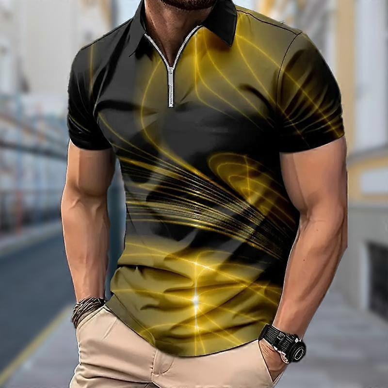 Camisa polo masculina casual com zíper e manga curta, moda casual com zíper, verão, primavera, ajuste regular, estampa urbana, camisa com estampa 3D