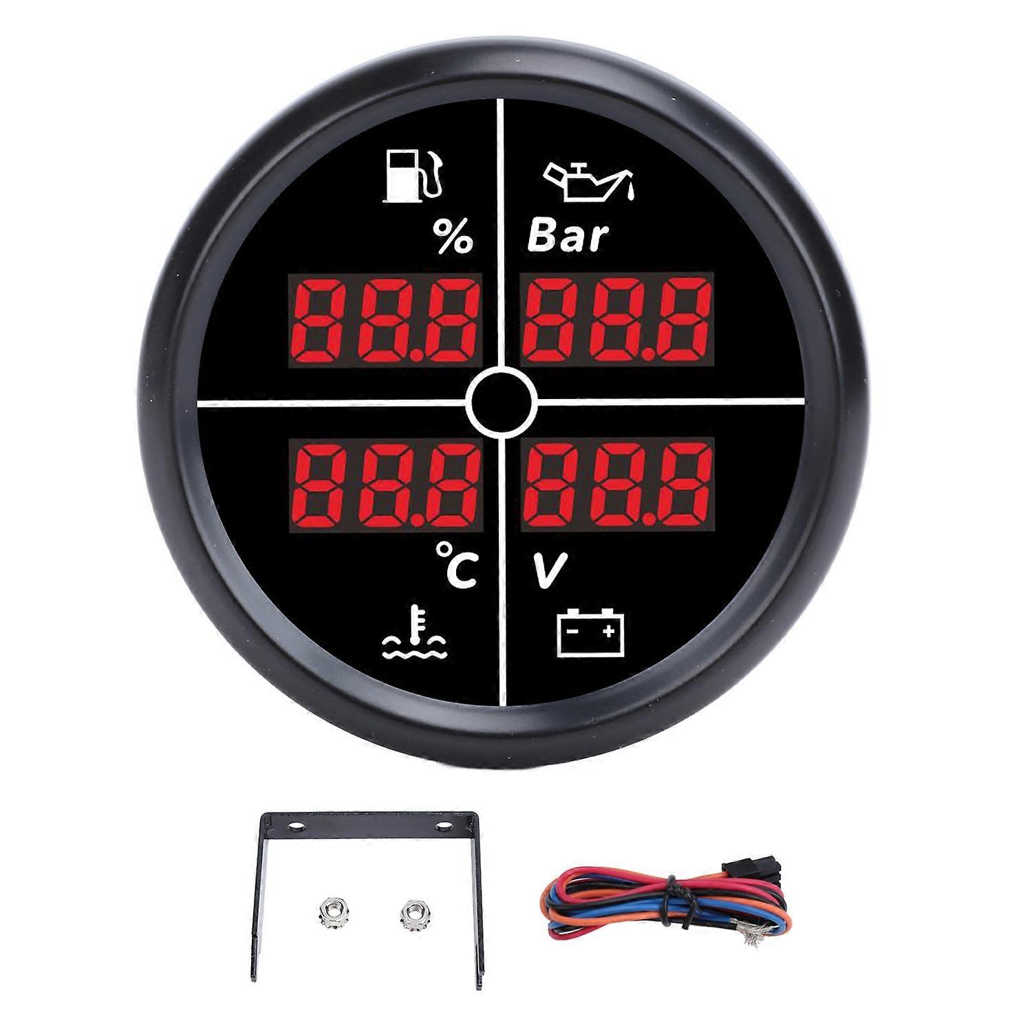Misuratore multifunzione 4 in 1 da 52 mm con display digitale, livello carburante, pressione olio, temperatura acqua, Vo