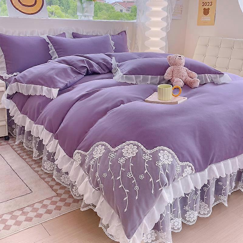 Washed Cotton Four-piece Set Princess Wind Lace Bed Skirt Quilt Cover Sheet Solid Color Polished Bedding