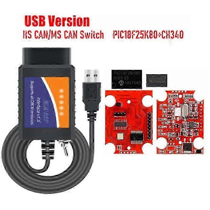 Car OBD2 Adapter USB Scanner with MS-CAN/-CAN Switch PIC18F25K80 Chip OBDII Diagnostic Scan Tool compatible with