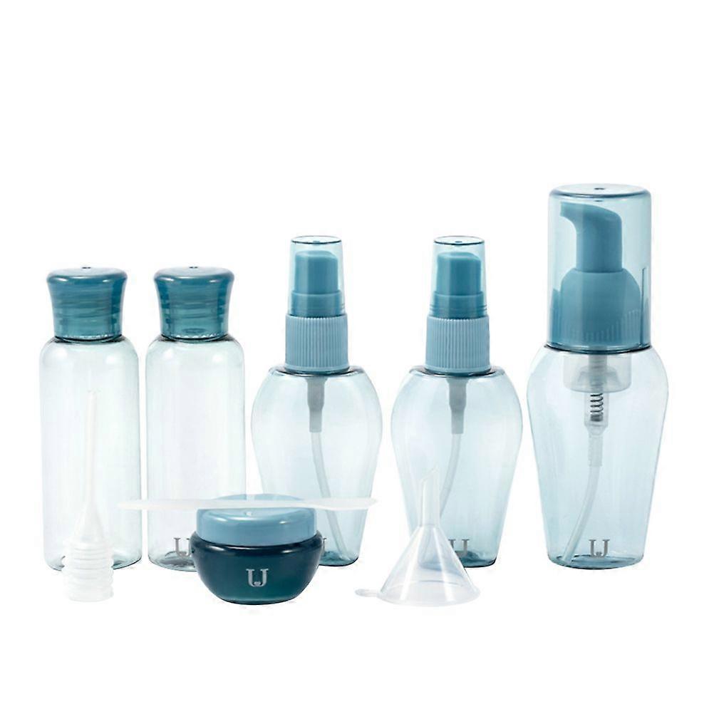 1 Set of 9pcs Travel Bottles Refillable Cream Lotion Shampoo Liquid Pump Bottle Containers with Tools (Blue)