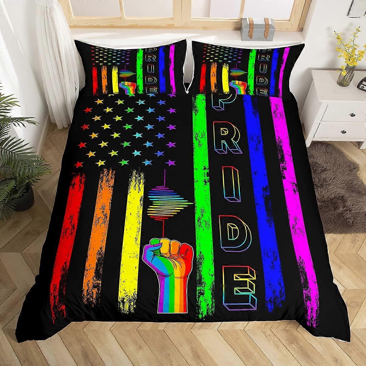 Full Size Bedding Set Rainbow Stripes Soft Black Watercolor Design for Bedroom Decor