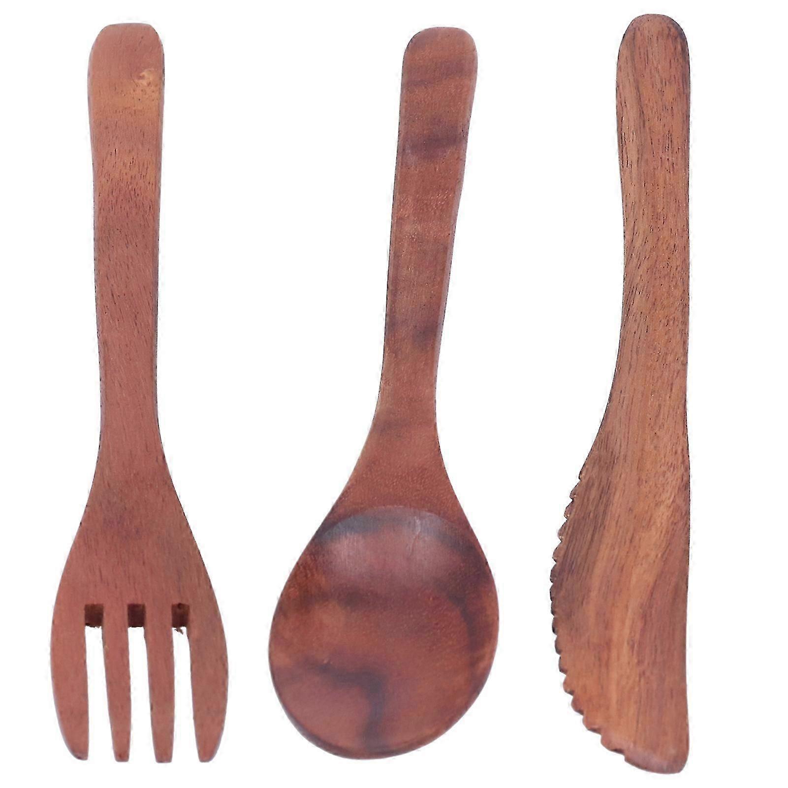 3PCS Wooden Tableware Sets Portable Fork Knife Spoon Cutlery Kitchen Dinnerware Accessories
