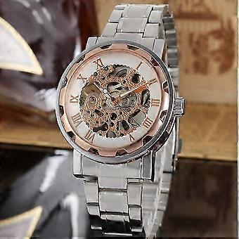 WINNER Men Hollow Full Automatic Mechanical Waterproof Watch Wristwatch (White   Rose Gold)