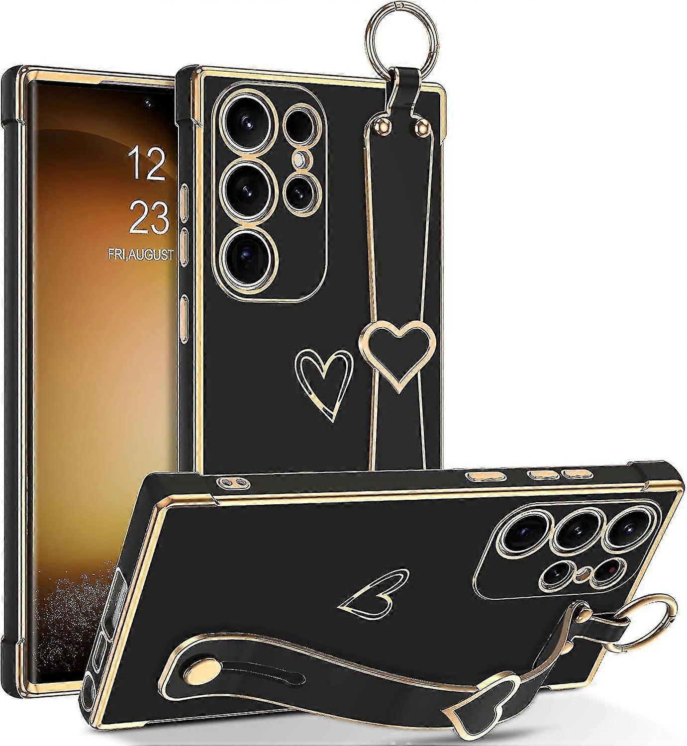 Cute Heart Plating Case For Samsung Galaxy S23 Ultra/ S23+/ S23 With Adjustable Wristband Kickstand Loop