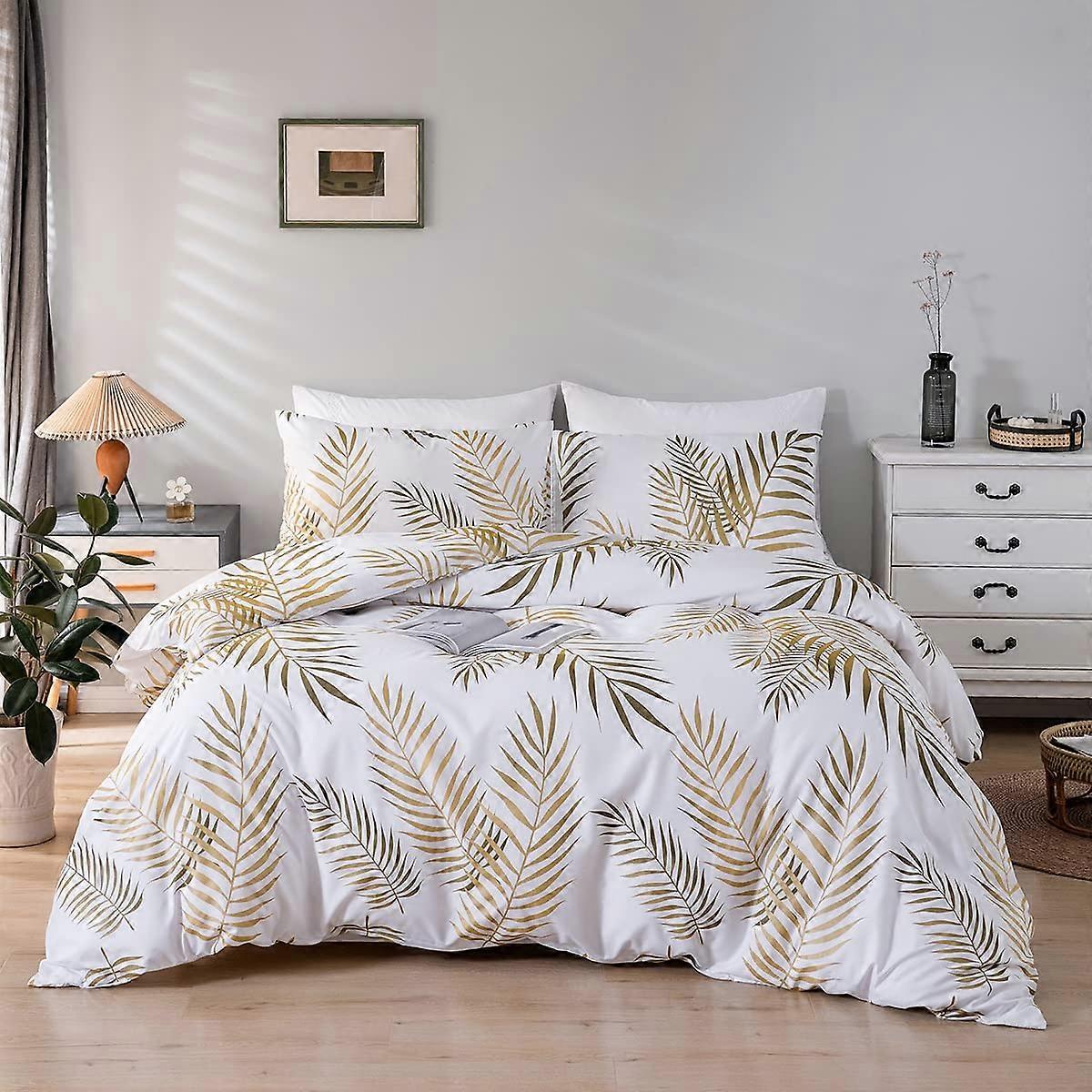 Leaves Duvet Cover Set Golden Tropical Leaf Comforter Cover with Pillow Sham Soft Bedding Set No Comforter (King)