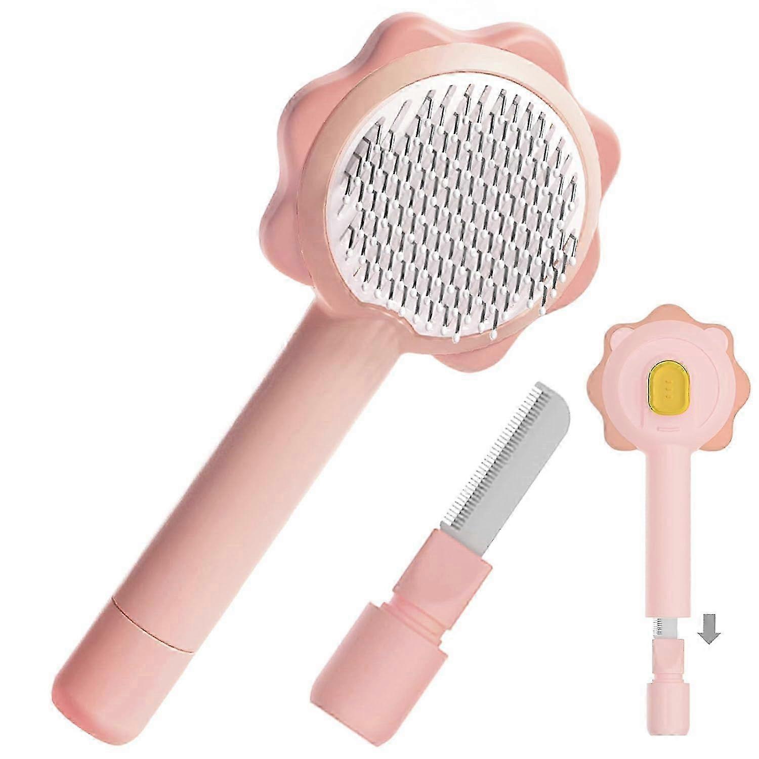 Cat Brush & Comb 2 في 1 ، أداة العناية بالحيوانات الأليفة ذاتية التنظيف للكلاب والقطط - وردي