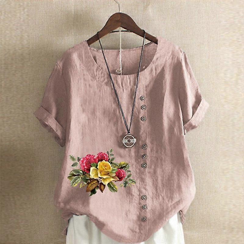 Moda damska Okrągły dekolt Koszulka z krótkim rękawem Codzienny Bawełniana lniana koszula z grafiką Wypoczynek Luźne kwiaty i rośliny Prined Summer Bluzka Topy Plus Size