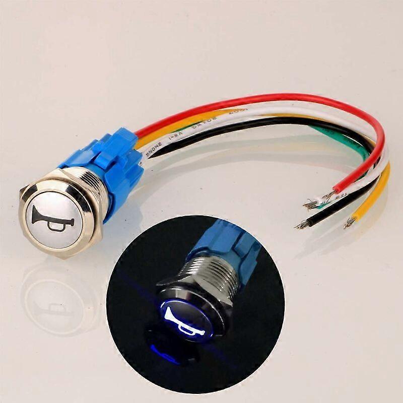 12V-24V/5A 19mm Pre-wired Momentary Horn Push Button Switch Waterproof Metal Button with Blue LED