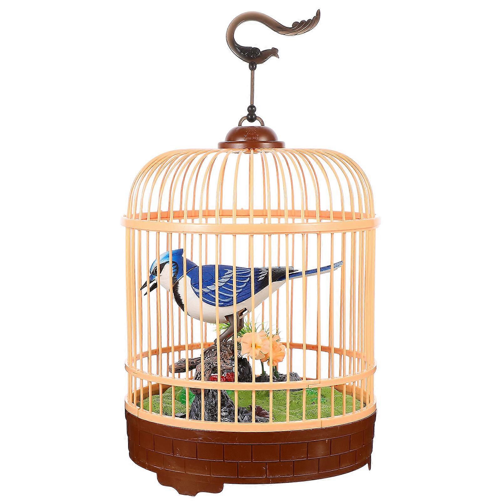 Singing Bird Toy Creative Singing Chirping Bird in Cage Toy Kids Decorative Item Battery Operated Blue 16X17CM 1Pcs