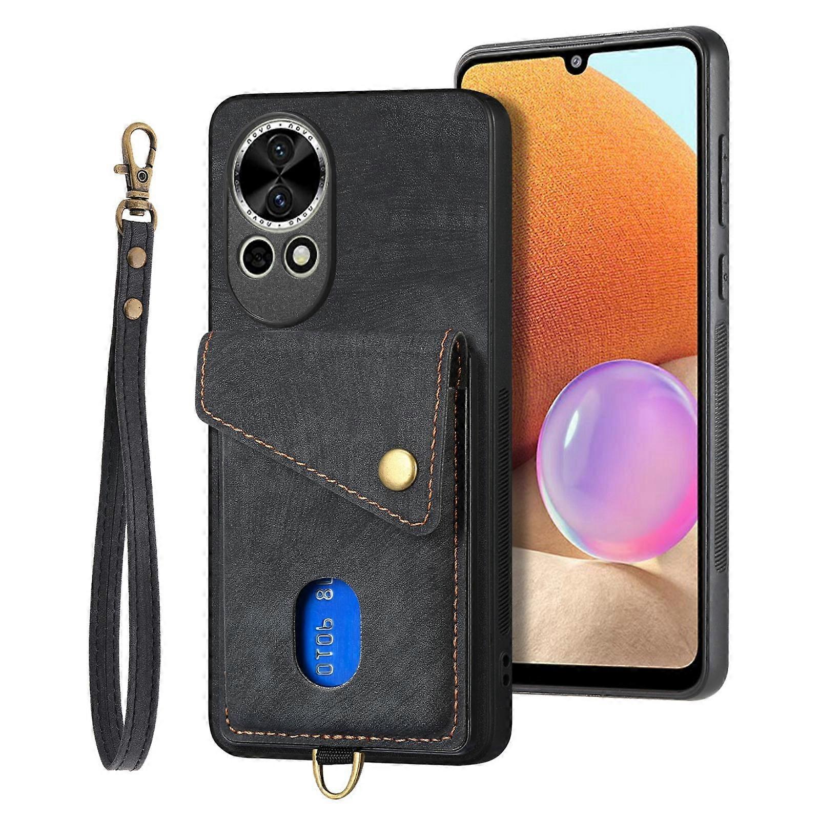 Retro Card Wallet Fold Leather Phone Case with Strap