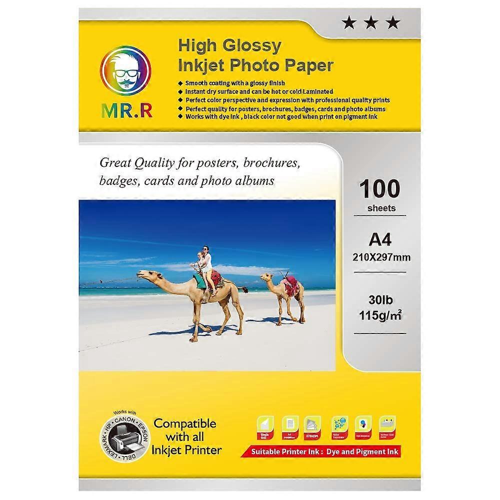 A4 Glossy Photo Paper 115 g/m² 100 Sheets One-Sided High-Gloss Instant Dry Waterproof Bright White for Inkjet Printers