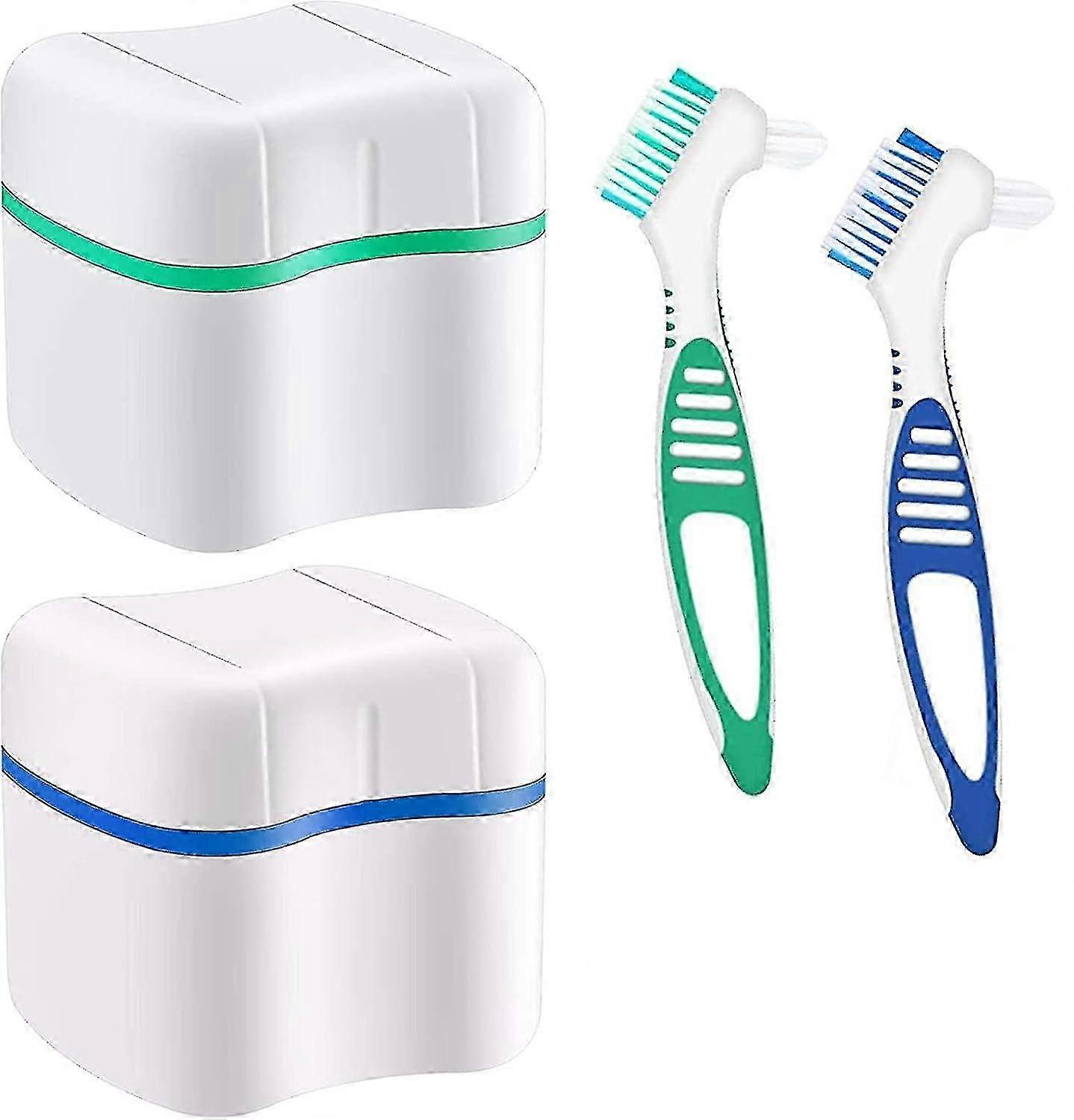 2 Denture Box and Cleaning Brushes Set with Bath Container for Dentures