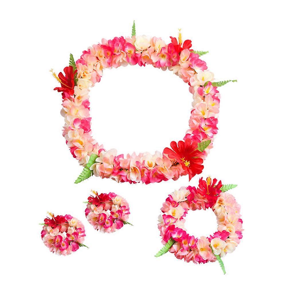 4PCS Hawaiian Garland Set for Adults – Thickened Artificial Floral Wreath with Headband, Neck Loop & Bracelets – Lifelike Tropical Party Accessories
