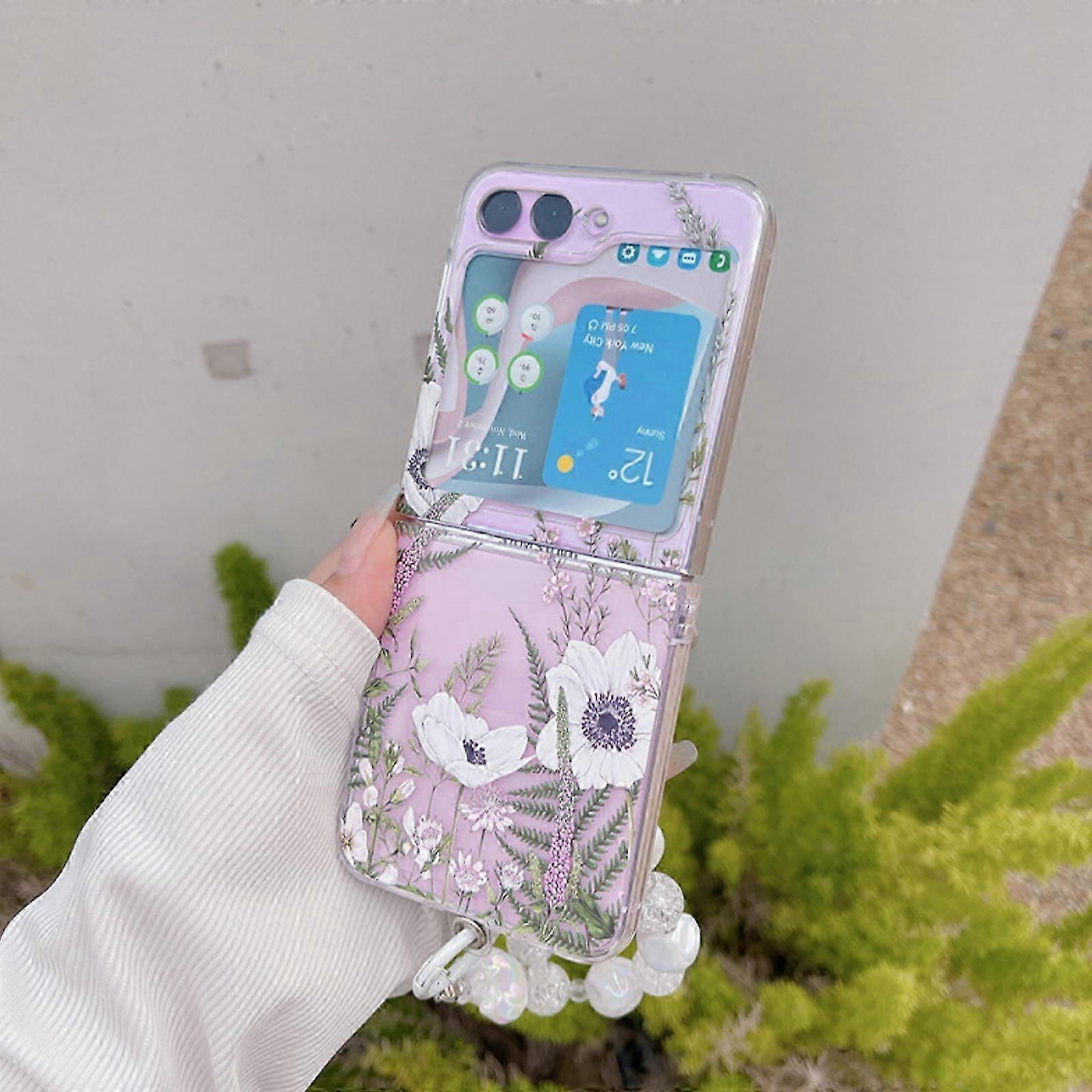 Clear Case for Samsung Galaxy Z Flip 5 with Wrist Strap, Fashion Flower Case Galaxy Z Flip 5, Hard PC Shockproof Case Galaxy Z Flip 5 5G