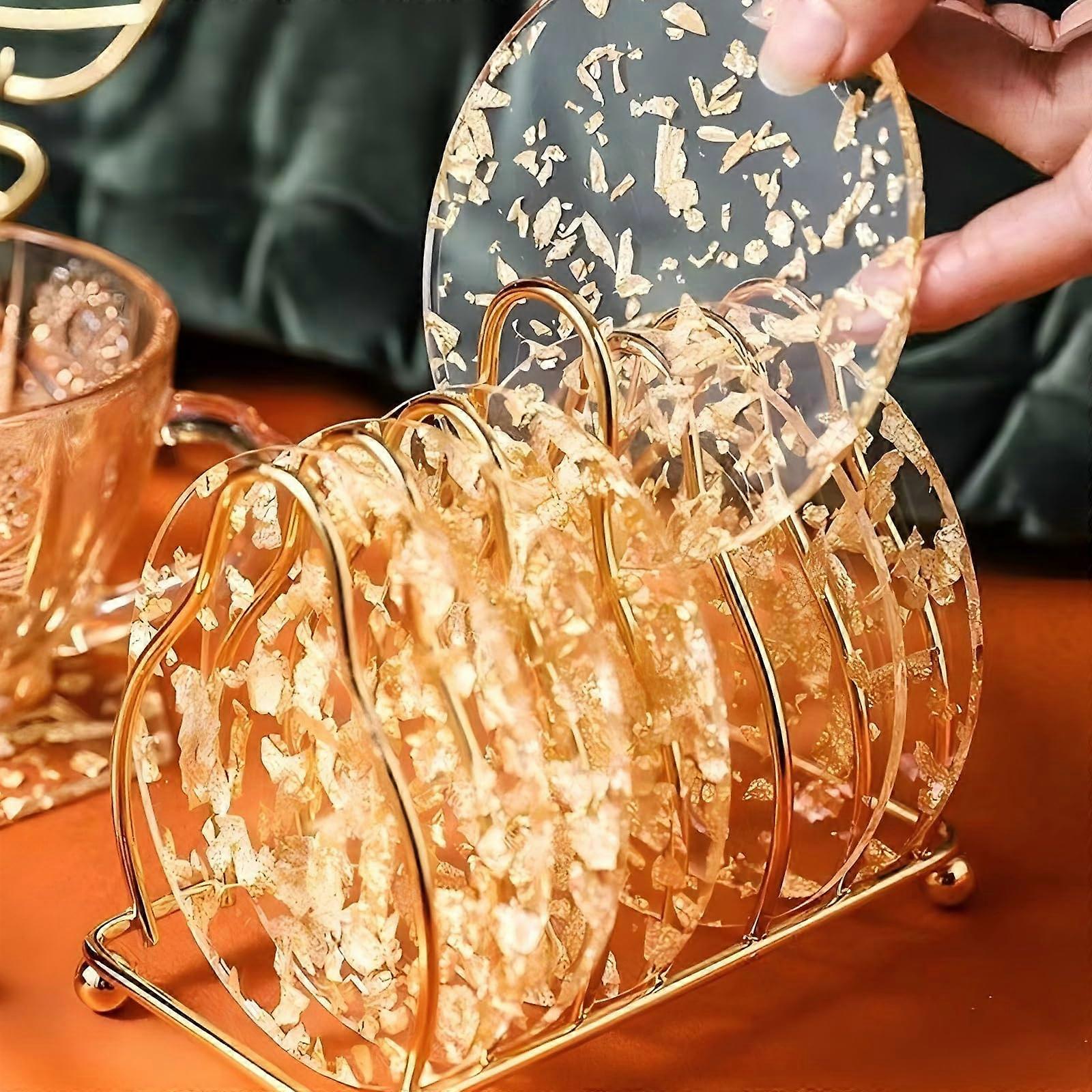Round Coasters Set of 6 Transparent Gold Foil Heat Resistant Non-Slip Multicoloured Drink Coasters for Cups and Tables