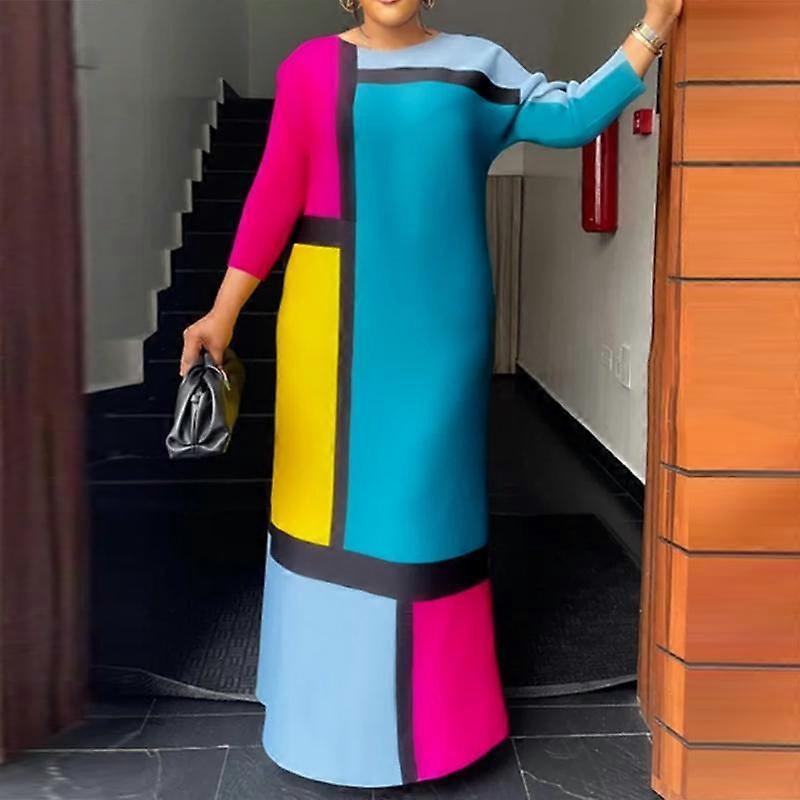 Naisten isokokoinen pyöreä kaula-aukko pitkähihainen väripalikka mekot