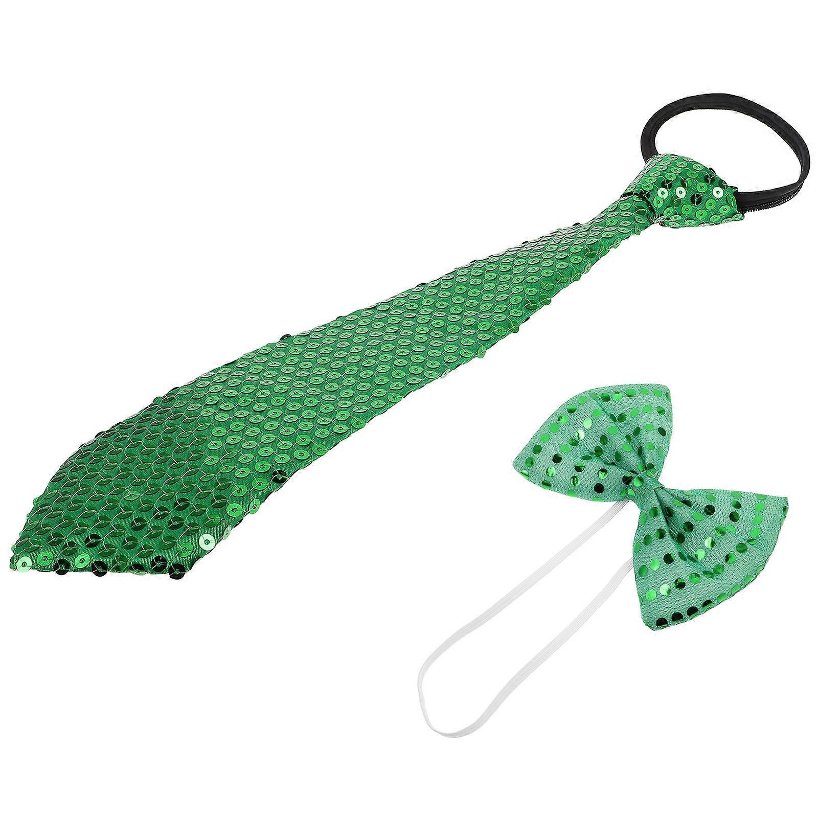St. Patrick's Day Shamrock Bow Tie & Necktie Set Green Sequin Bowtie for Carnival Party, Wrinkle Resistant Soft Accessories for Weddings, Evening