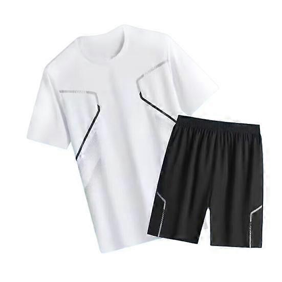 2Pcs/Set Men Tracksuit Set Round Neck Short Sleeve Tee Shirt Elastic Waist Shorts Set Quick-Drying Sportswear