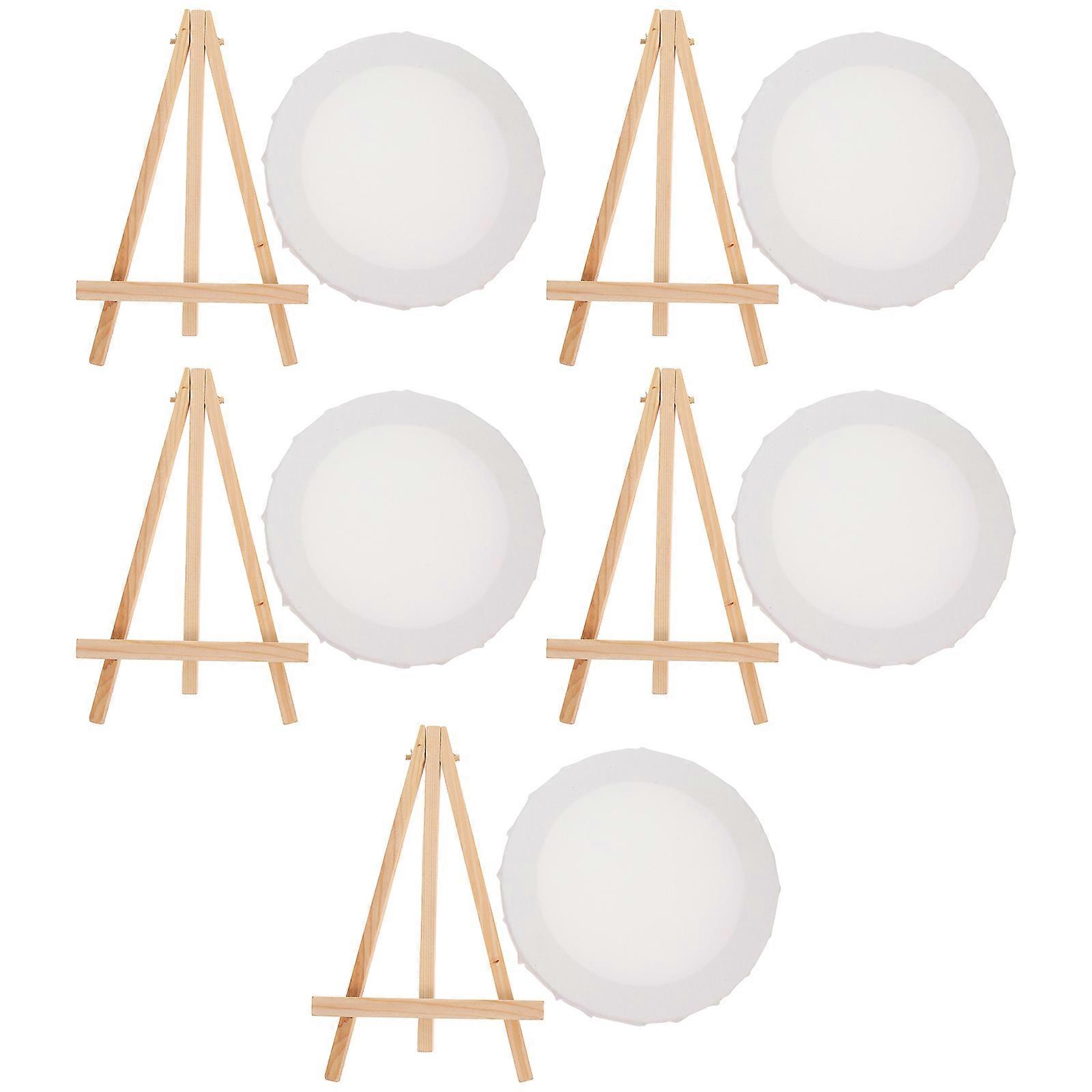 5 Sets Round Wooden Easel Mini Drawing Cloth for DIY White Paint Supplies
