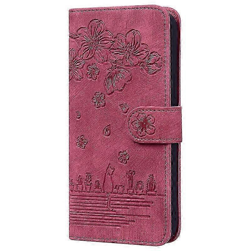 Case For Iphone 13pro Burgundy-embossed Cat Flower Leather Embossed...