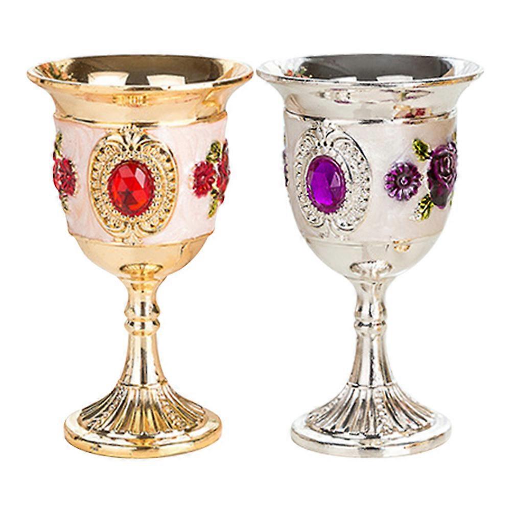 Small Alloy White Wine Cup with Flower Pattern for Party 2Pcs