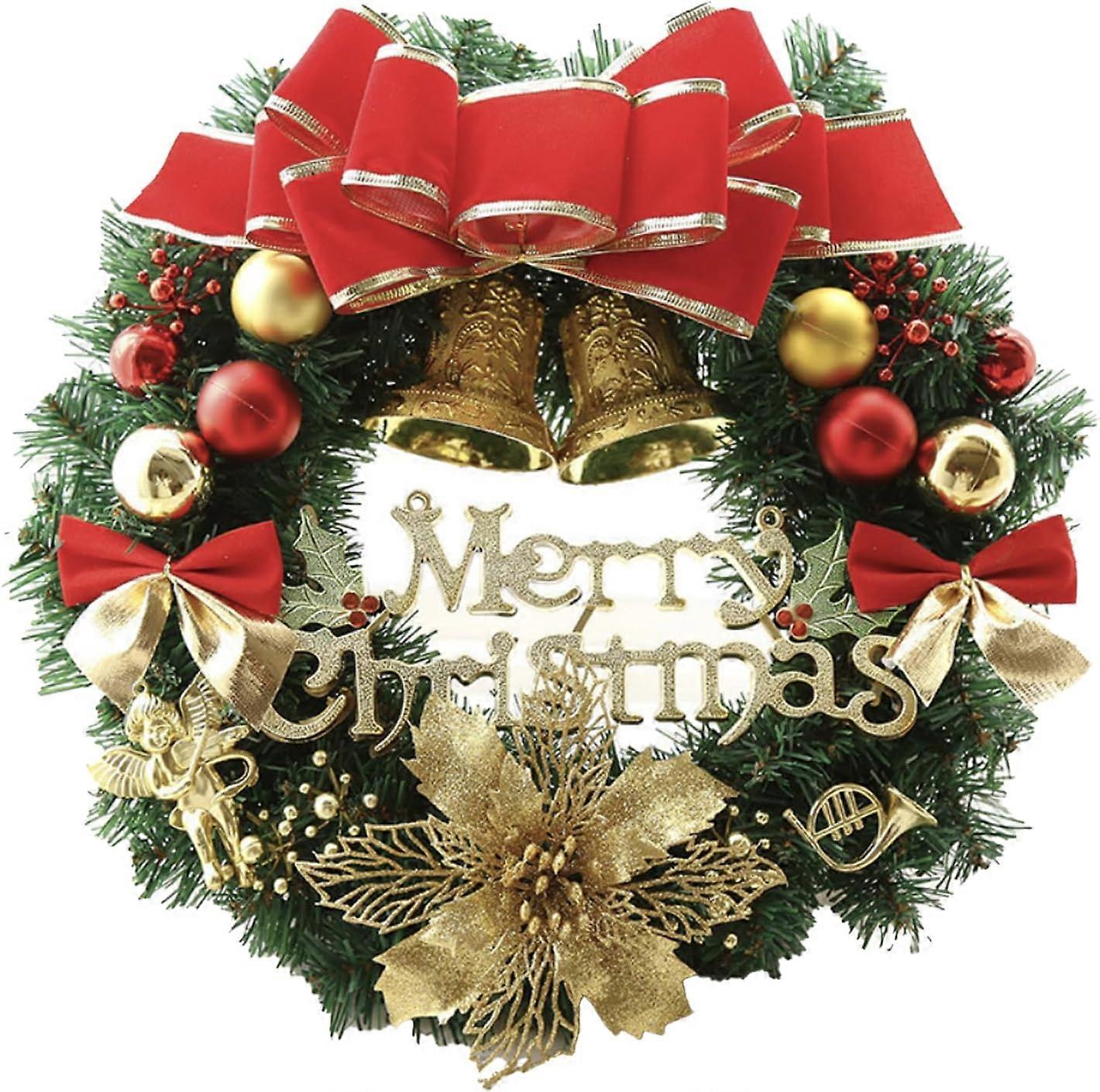 Christmas Wreath, 30cm Artificial Holiday Wreath with Giant Bow Tie and Bells, Perfect for Front Door, Window, Fence, Party Decoration
