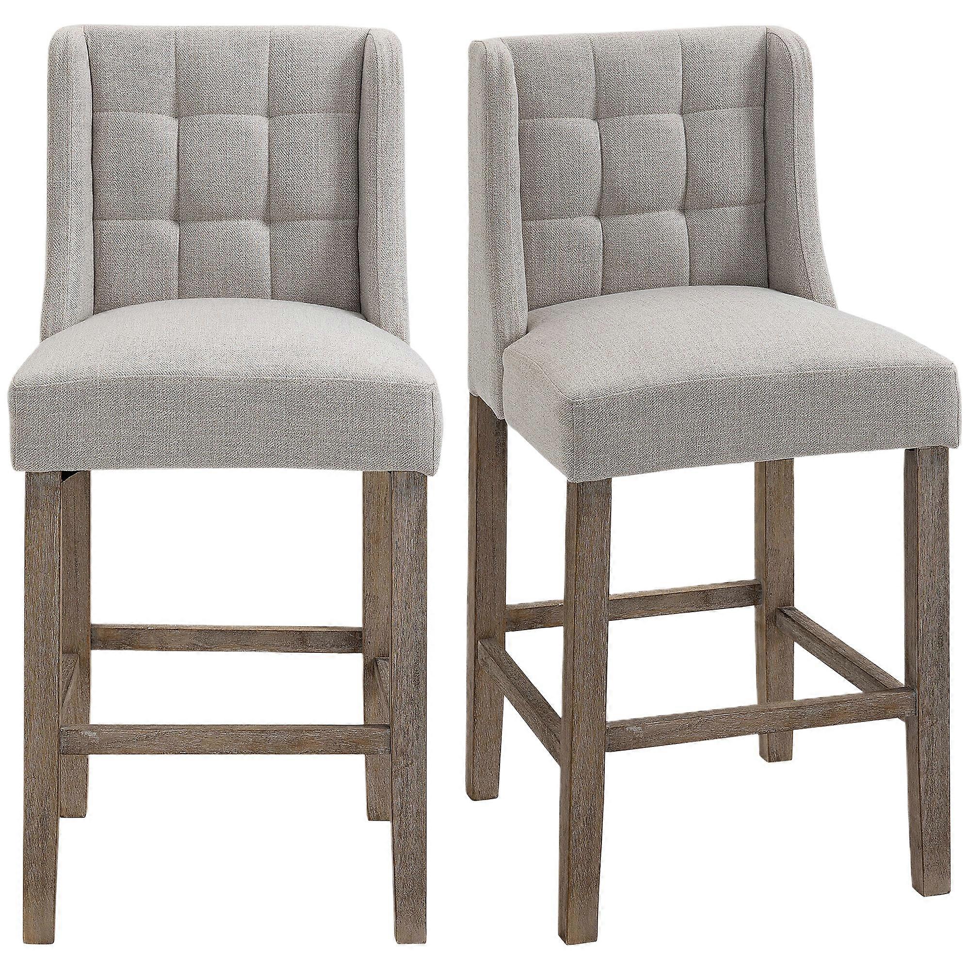 2Pc Gray Bar Stools Backrest Solid Wood Button Tufted