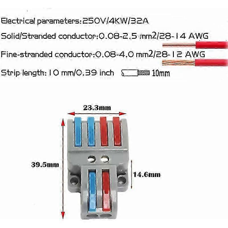 2025 Connection Terminals,10 Pcs Electrical Connector with Operating Lever, Compact Automatic Electrical Connection Terminal, 2 in 4 Out, with Mountin