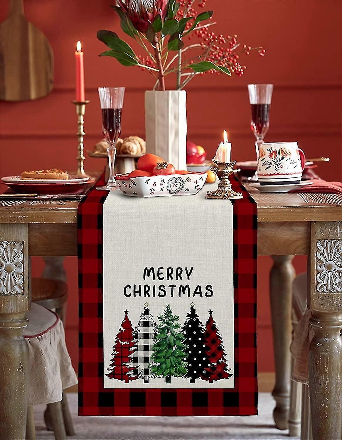 Checkered Christmas Tree Table Runner For Kitchen Decor 13x70
