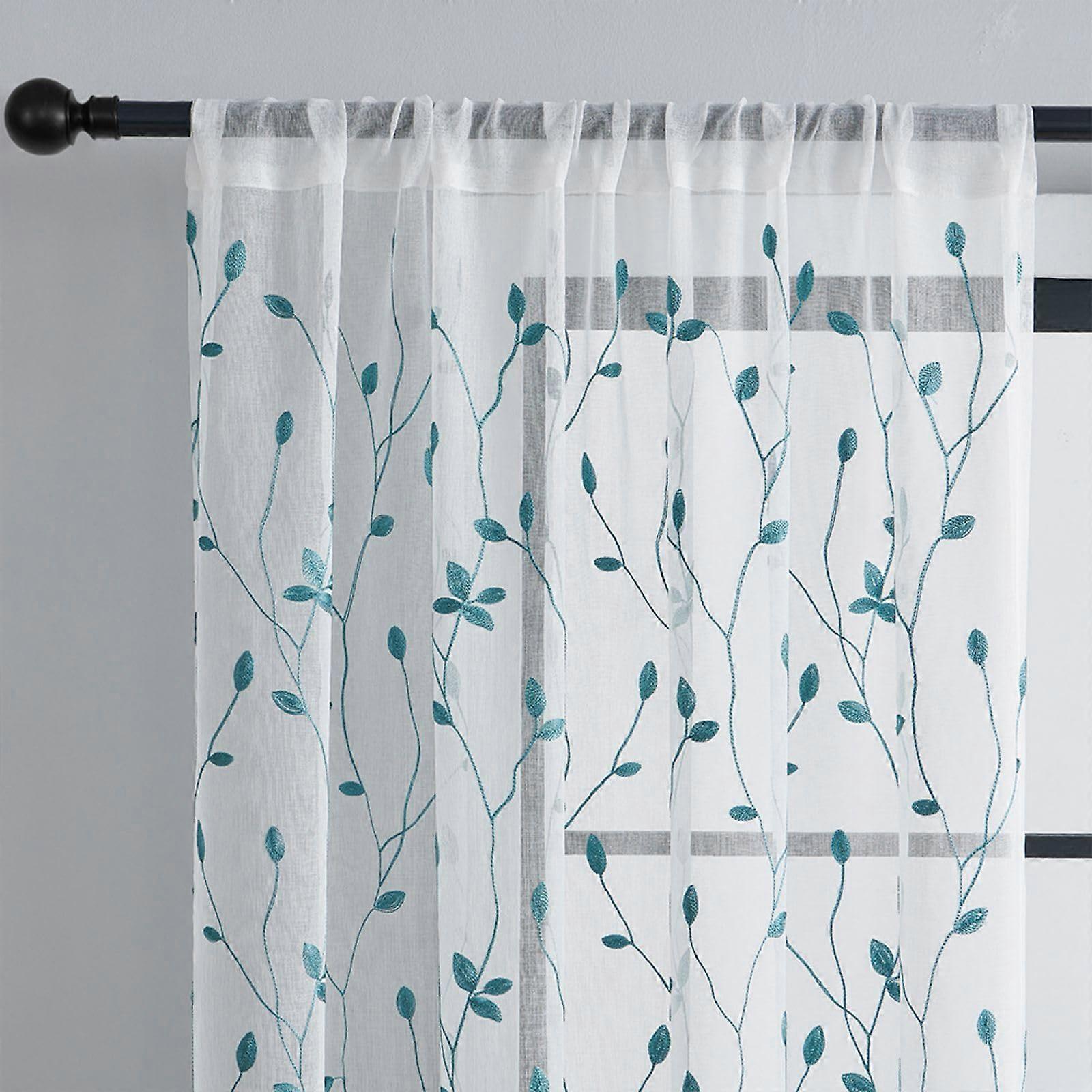 Net Curtains For Windows 2 Panels Semi Sheer Privacy Rod Pocket Embroidered Leaf Pattern Voile Panel Blue 132W X 244H CM