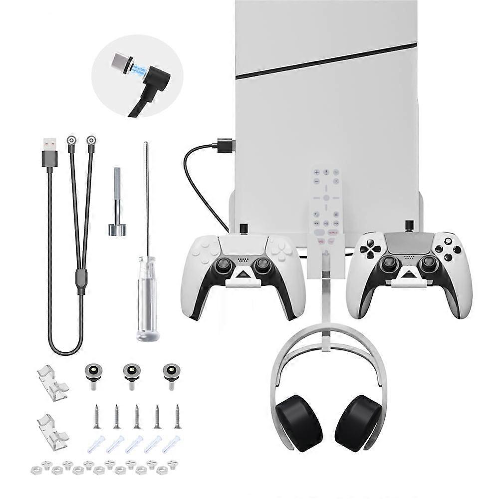Wall Mount Kit for PS5 Slim Console, 2-in-1 Magnetic Charging Cable, Controller Cradle & Headset Hanging Bracket