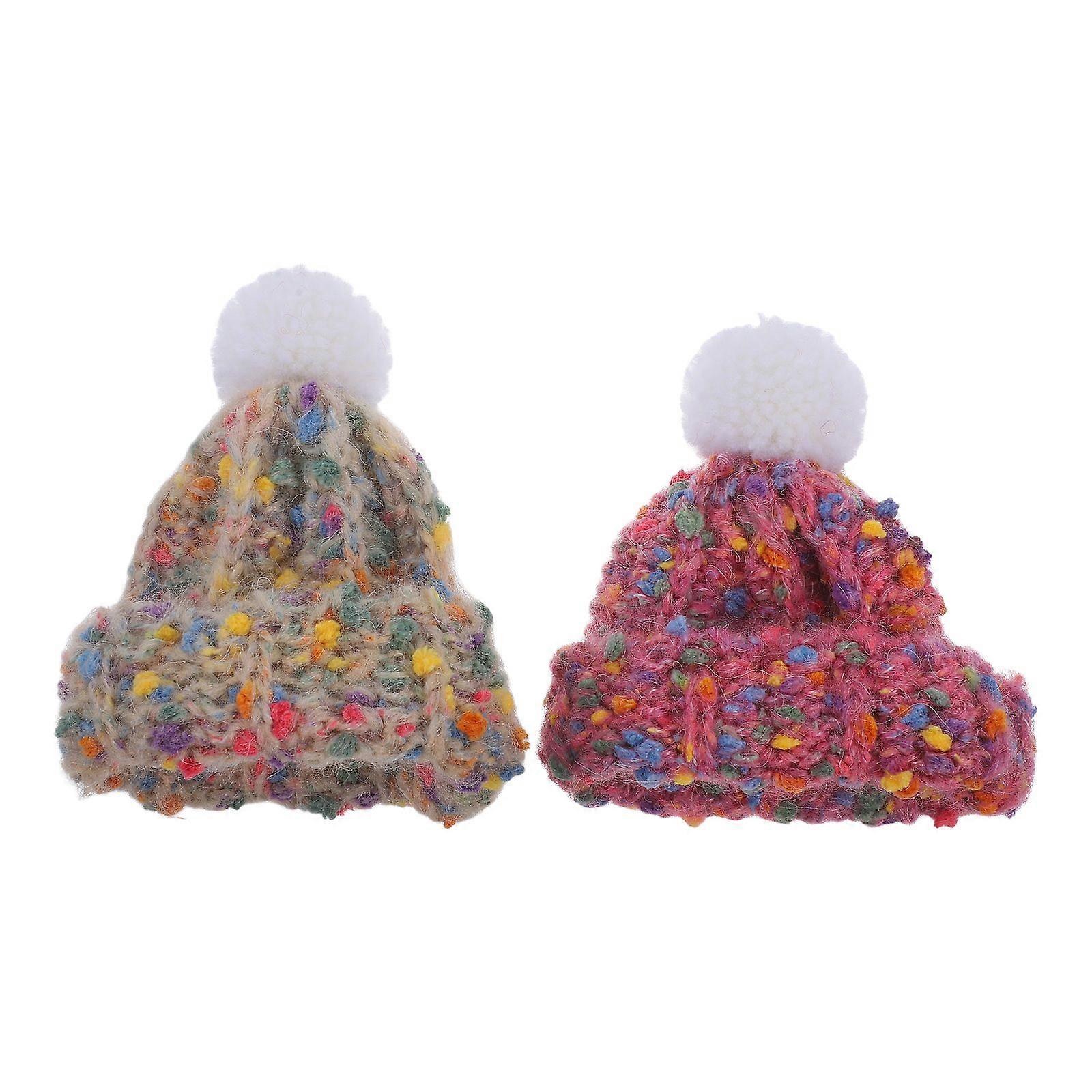 2pcs Cute Mini Knitted Hats For Dolls Tiny Winter Hats For Crafts And Dollhouse Ornaments Fuzzy Beanie Accessories For Diy Projects