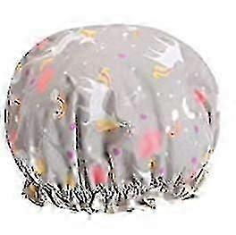 Waterproof Double Layer Shower Cap with Elastic Band - Unicorn Design