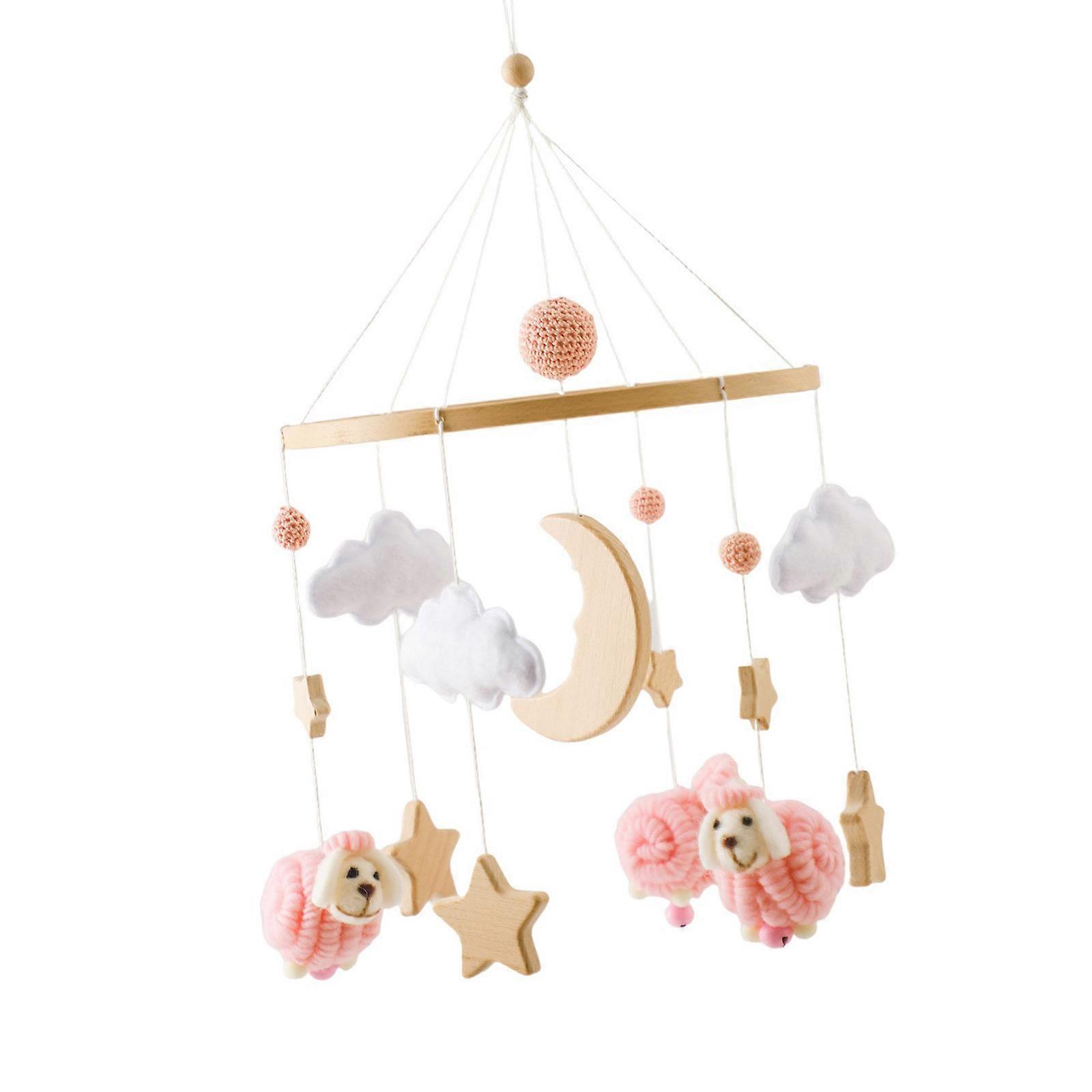 Modern Wooden Nursery Mobile With Star Moon Sheep Charms Stimulating Visual Auditory Skills  Pink
