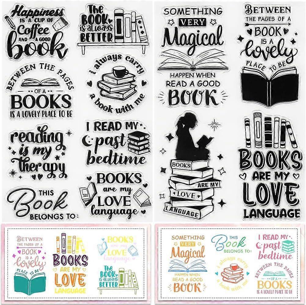 2 Styles Book Clear Stamps Bookshelf Reading Word Reusable Background Postmark Transparent Silicone Stamp Seals for Journaling Card Making Decor DIY S