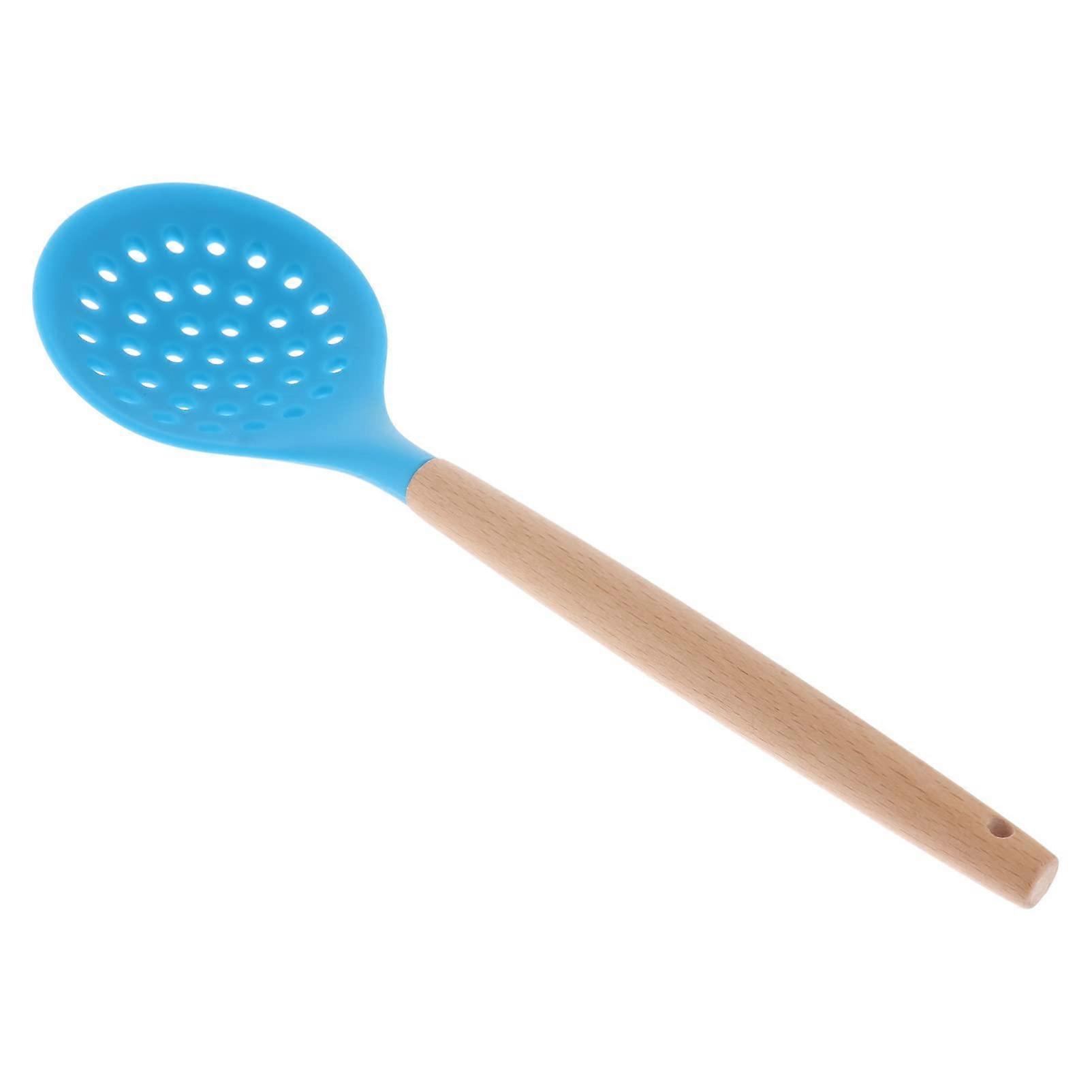 Silicone Skimmer Spoon with Wooden Handle, Heat Resistant Frying Strainer for Quick Oil Drainage, Blue