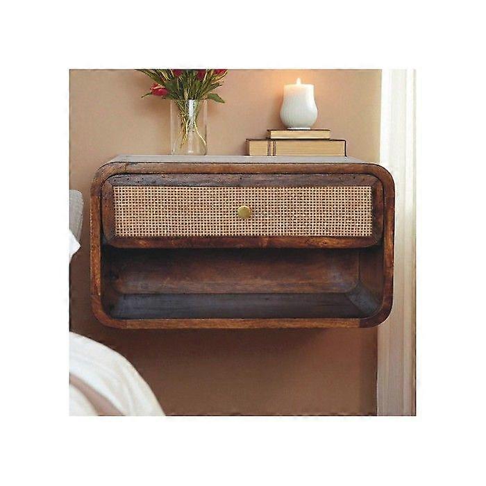 Solid Wood Chestnut Wall Mounted Open Woven Bedside, 1 Drawer, 1 Shelf, Dark Brown