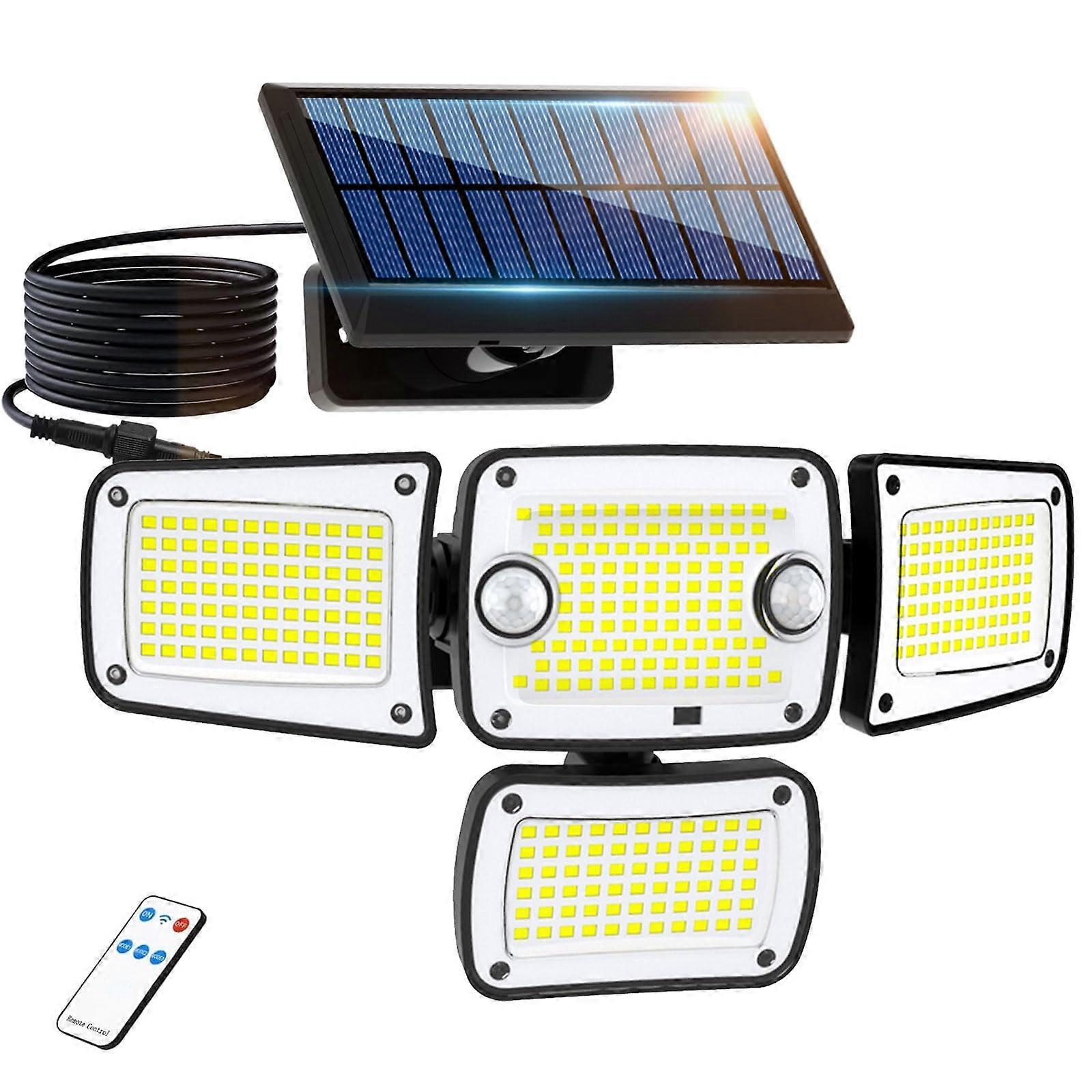 Solar Flood Lights Outdoor With Motion Sensor FourHead Spotlight IP65 Waterproof With Remote Walkways Driveway Patio