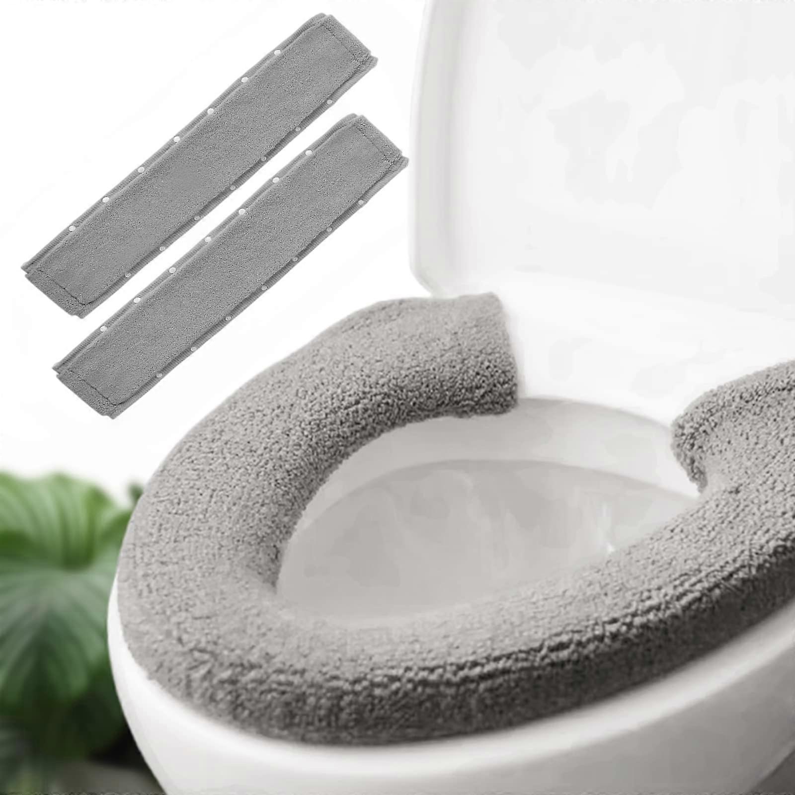 2pcs Warm Plush Toilet Seat Cover Set with Stretchable Cushion Pads, Gray and Light Gray