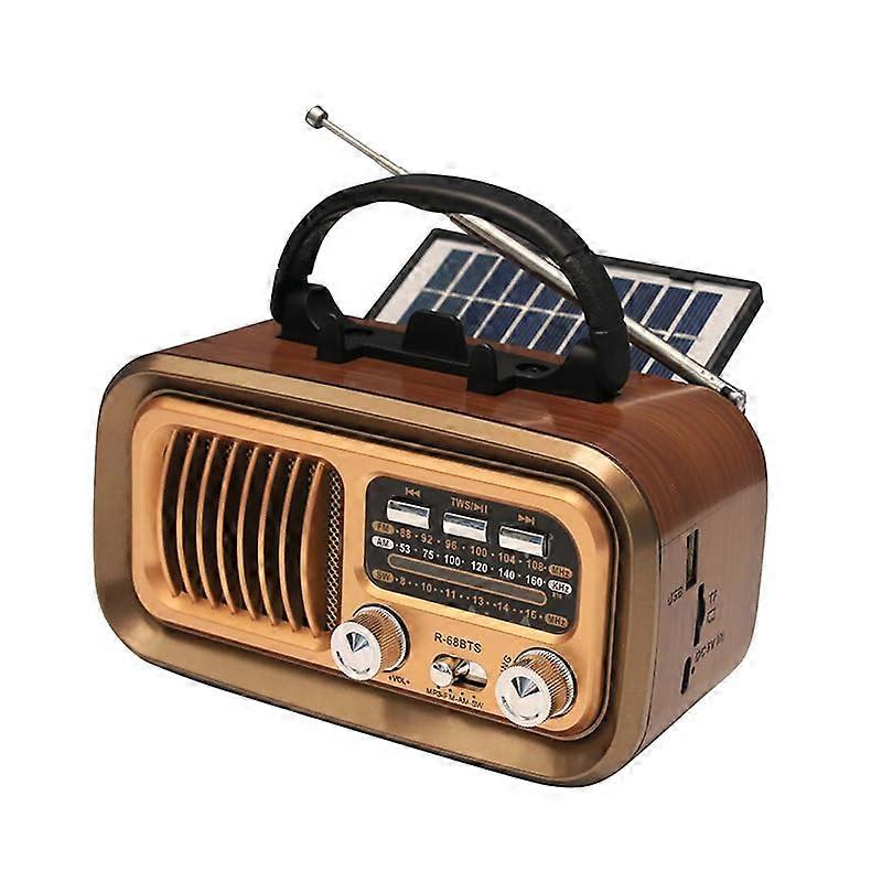 Retro Portable Radio with Solar and Battery Power, Vintage Wood Grain Finish, USB and TF Playback for Camping and Home