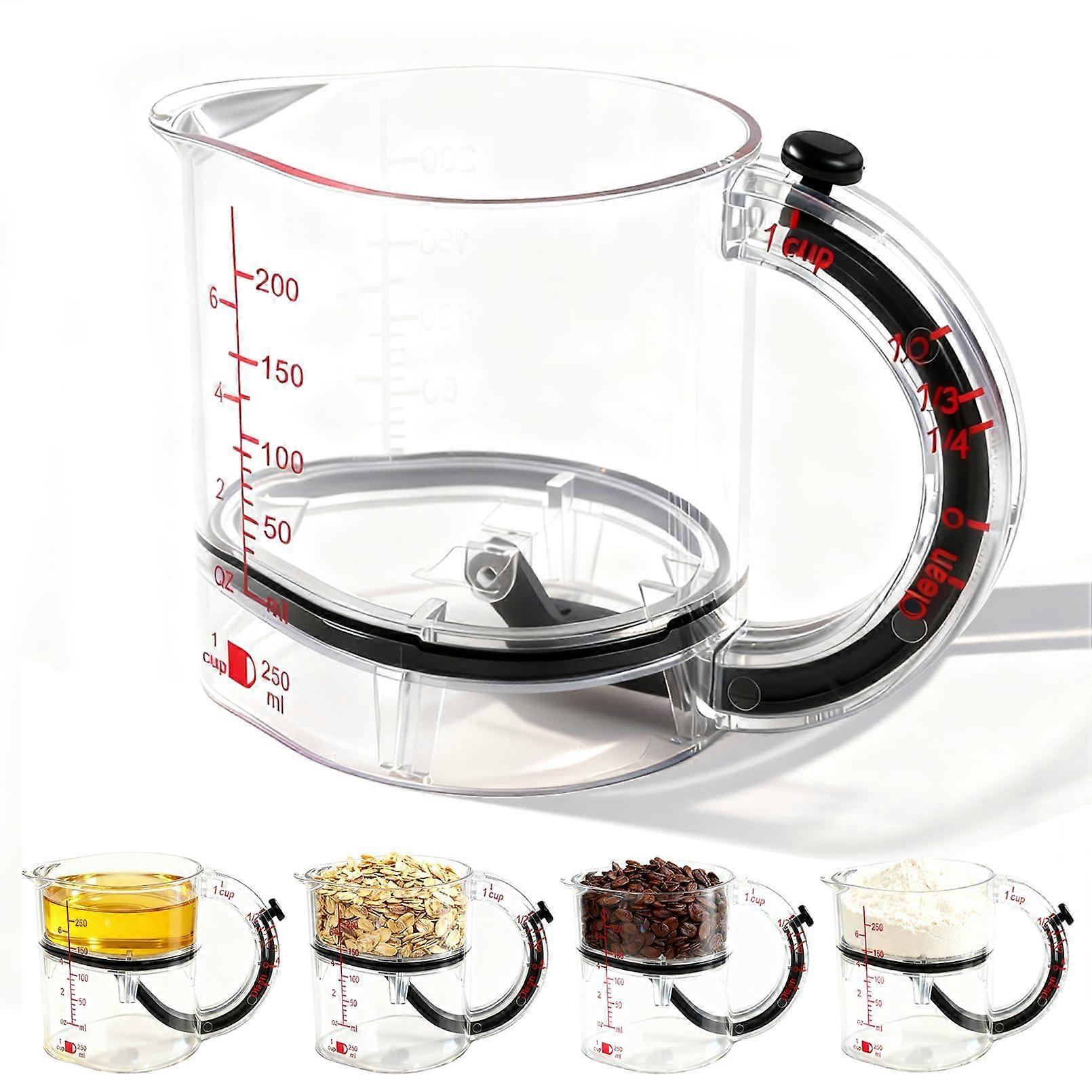Adjustable Measuring Cup with PushUp Scraper Base, 4in1 for Wet and Dry Ingredients, SpaceSaving