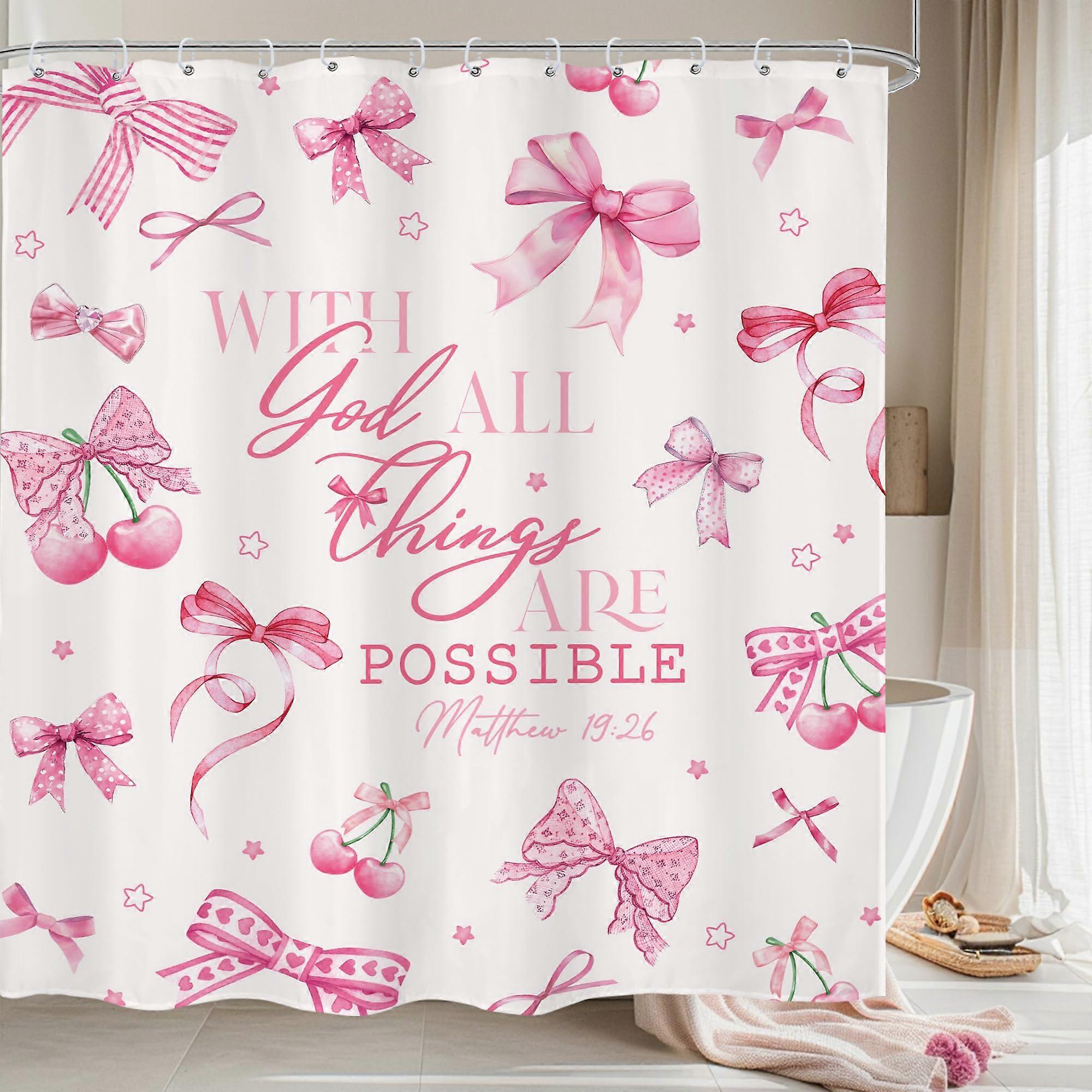 Pink Bow Cherry Shower Curtain 60x72 Waterproof Polyester with Hooks Bathroom Decor